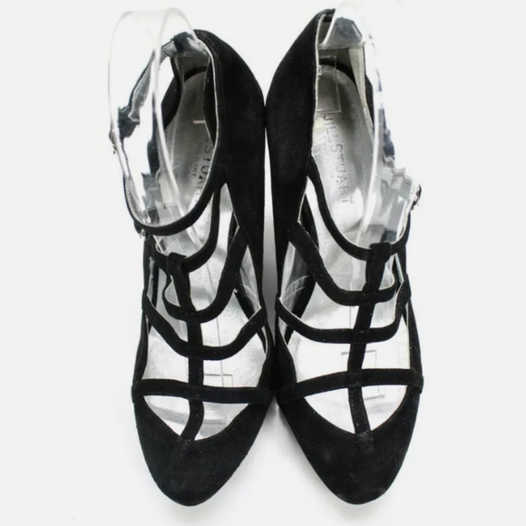 JILL STUART SUEDE CAGED WEDGES PUMPS BLACK HEELS - Picture 2 of 5